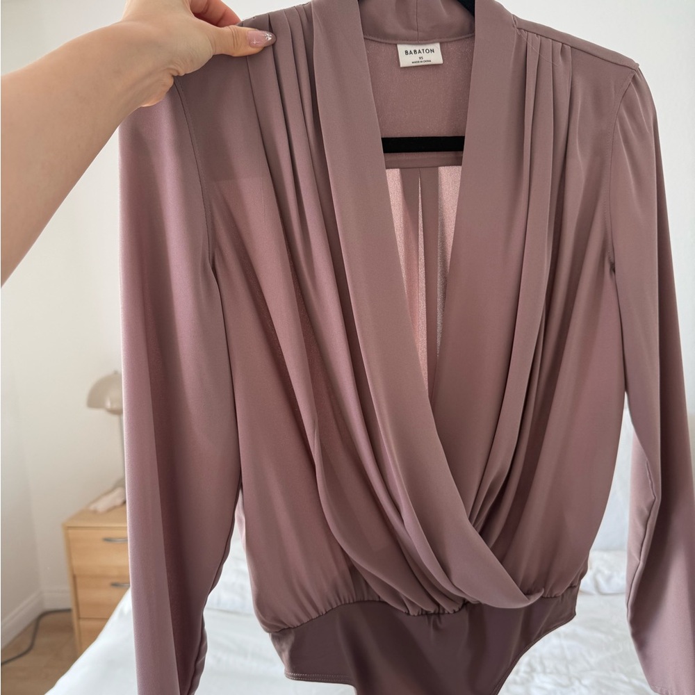 Never worn -Aritzia Babaton Pink Brown Mauve Wrap Bodysuit Long Sleeve